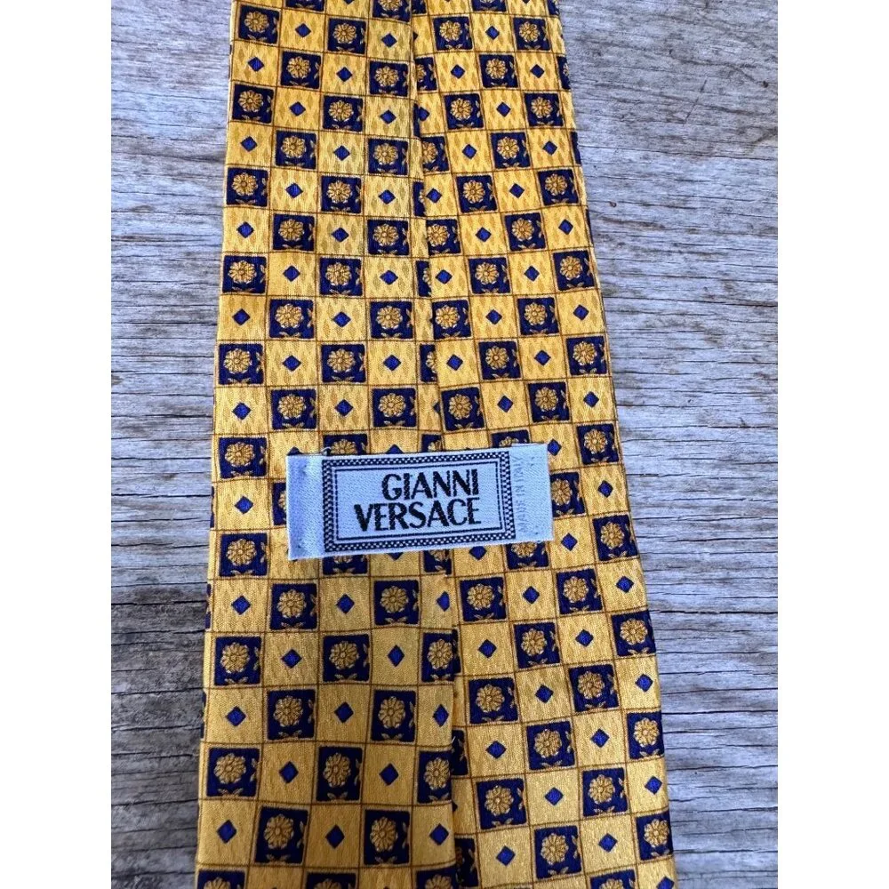 Gianni Versace Tie Silk Geometric Floral Gold Blue Made Italy Vintage Mens - Picture 7 of 10